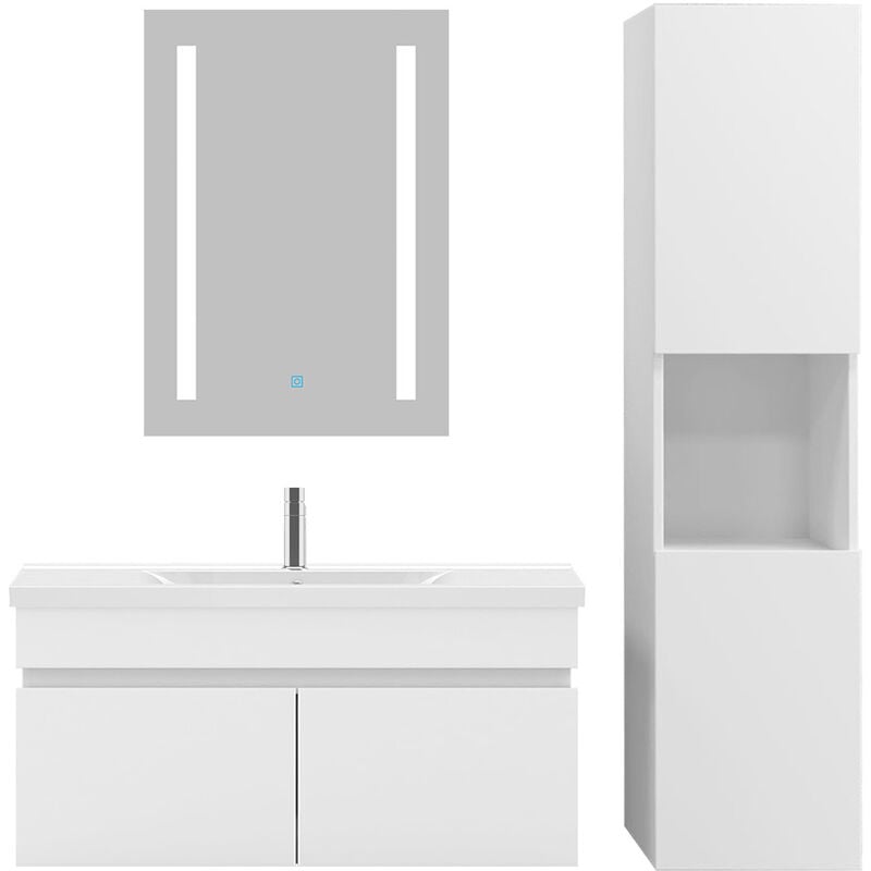 Ensemble meubles Salle De Bain 80cm simple vasque + colonne + miroir Blanc - Acezanble