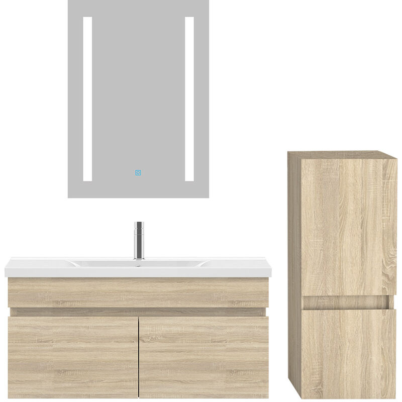 Ensemble meubles Salle De Bain 80cm vasque et colonne et miroir led Chêne Wotan - Acezanble