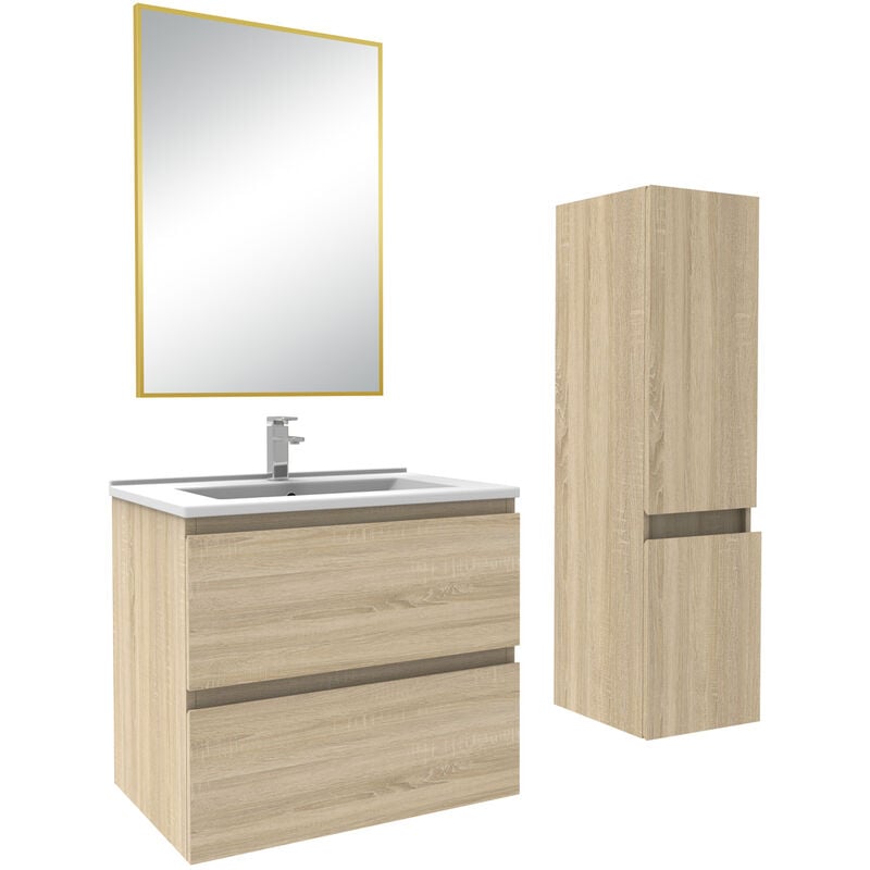 Ensemble meubles salle de bain simple vasque 60cm Chêne Wotan meuble acve miroir - Acezanble