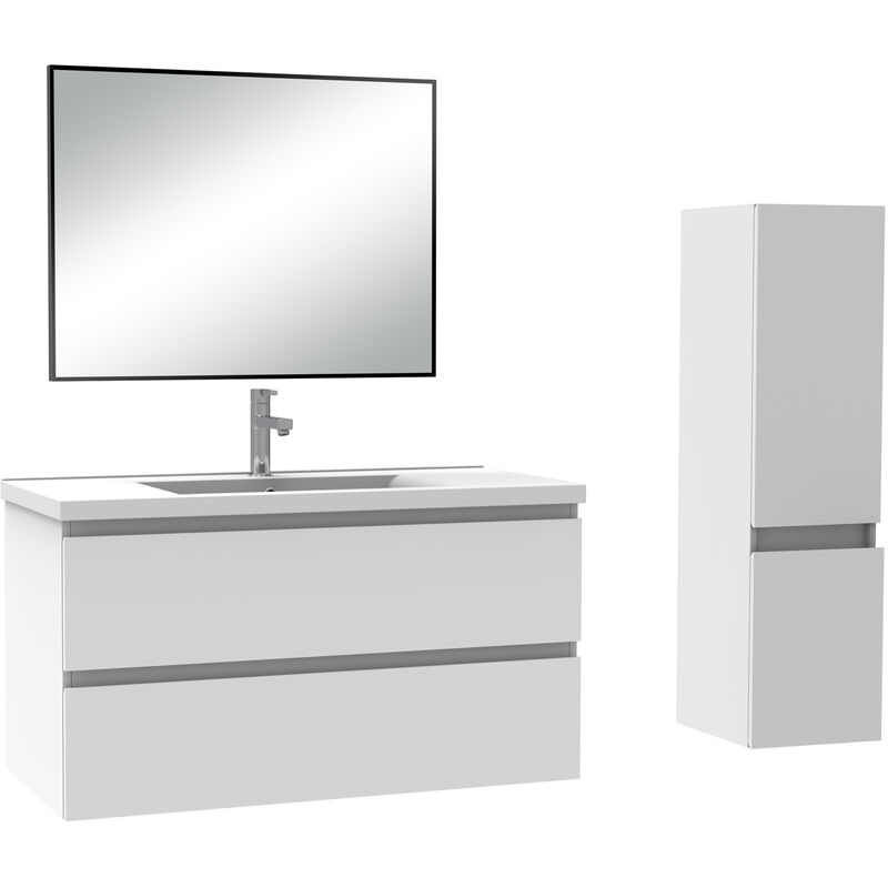 Ensemble meubles salle de bain simple vasque 100cm blanc meuble acve miroir - Acezanble
