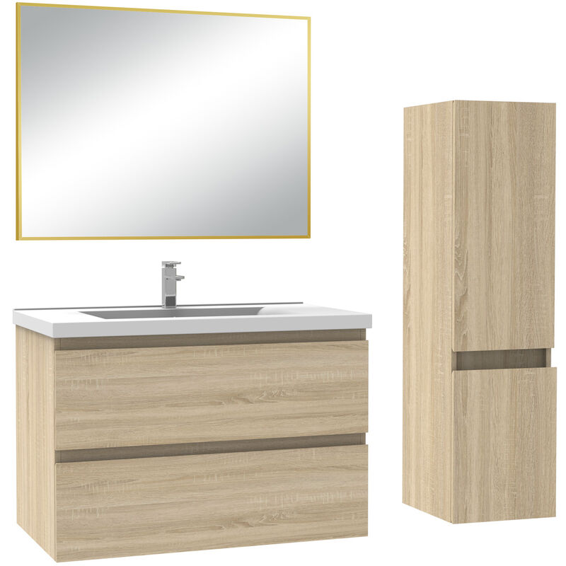 Ensemble meubles salle de bain simple vasque 80cm Chêne Wotan meuble acve miroir - Acezanble