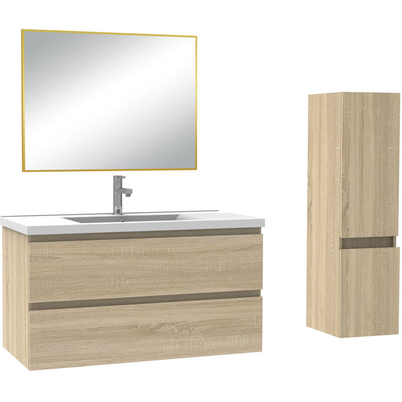 Ensemble meubles salle de bain simple vasque 100cm Chêne Wotan meuble acve miroir - Acezanble