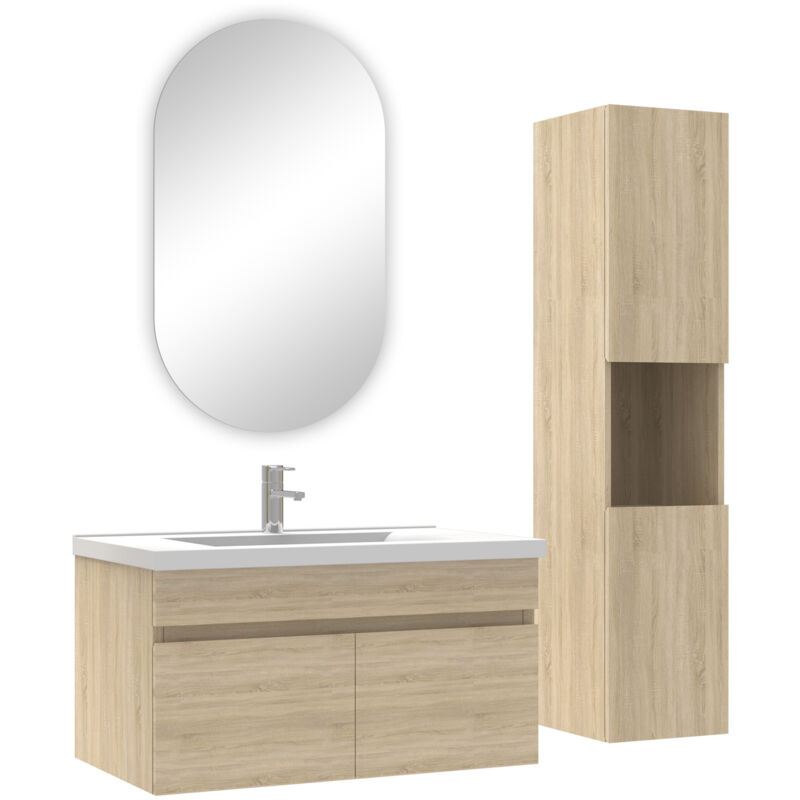 Ensemble Salle de Bain avec colonne et miroir ovale 80cm meuble Chêne Wotan - Acezanble