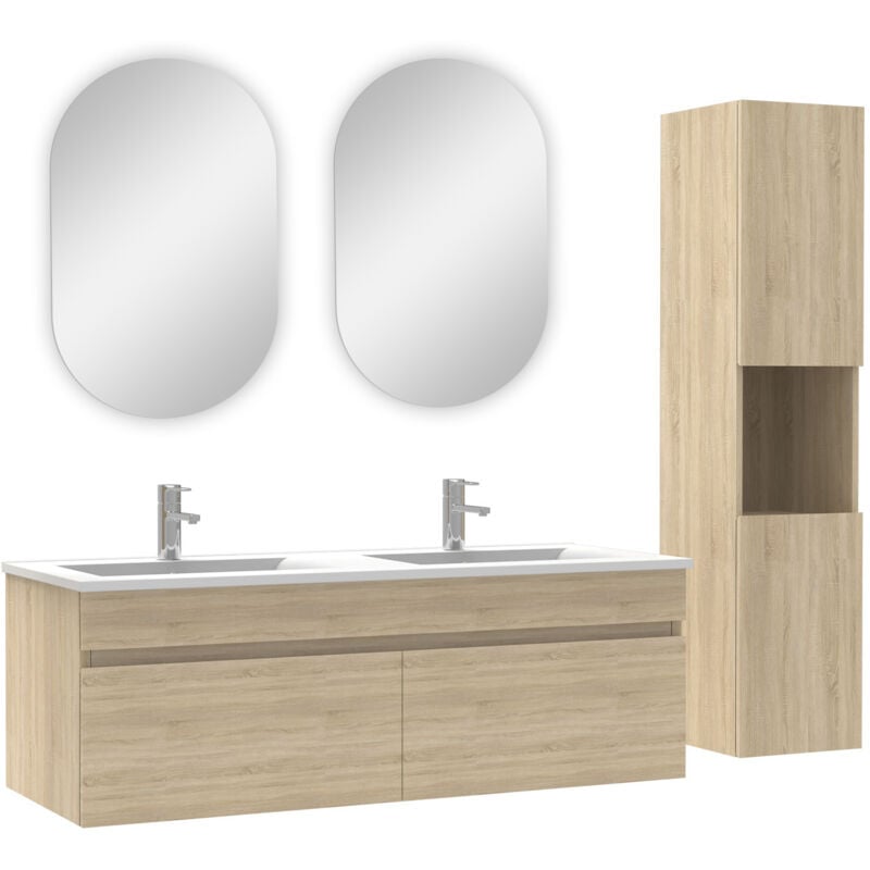 Ensemble Salle de Bain avec colonne et miroir ovale 120cm meuble Chêne Wotan - Acezanble