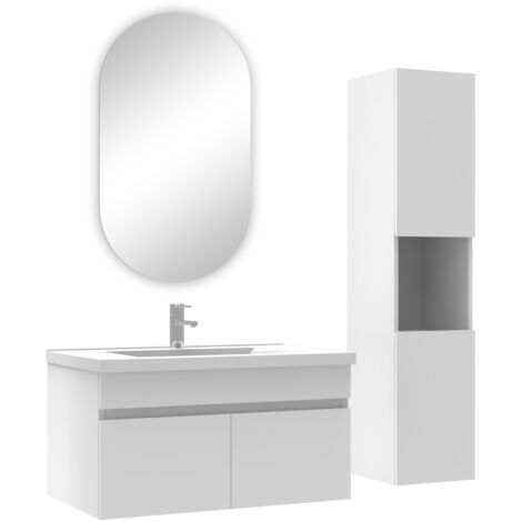 Acezanble ensemble Salle de Bain avec colonne et miroir ovale 80cm meuble blanc