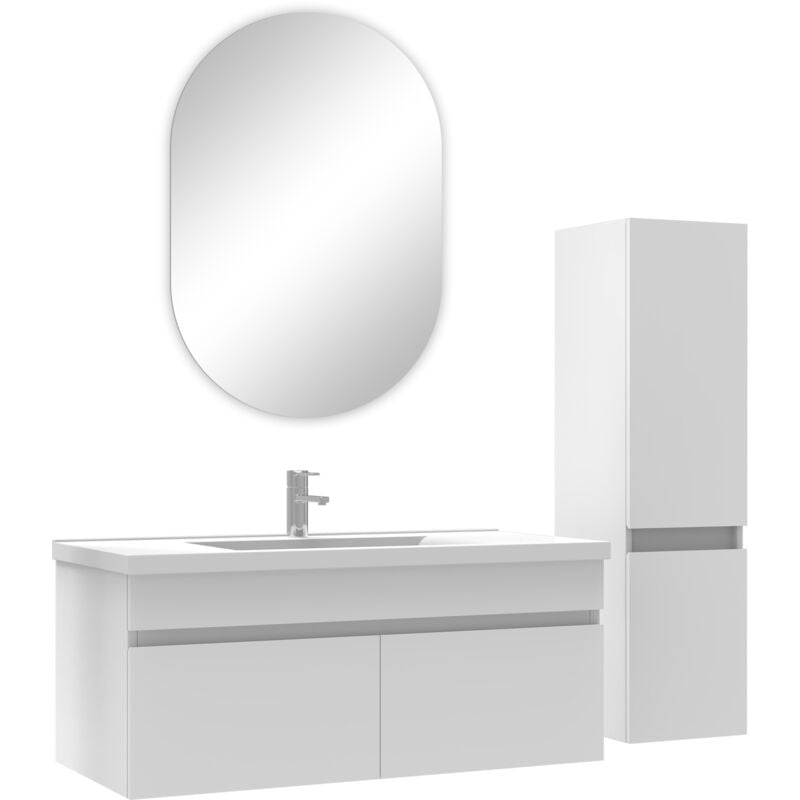 Ensemble Salle de Bain simple vasque avec colonne et miroir ovale 100cm meuble blanc - Acezanble
