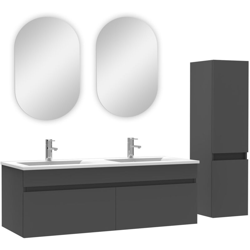 Ensemble Salle de Bain double vasque avec colonne et miroir ovale 120cm meuble Anthracite - Acezanble