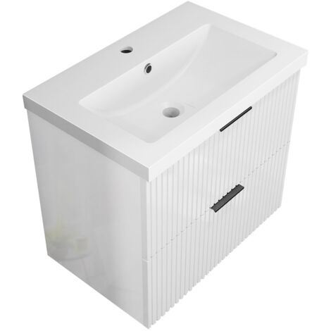Acezanble Gloss White 600mm Wall Hung Bathroom Vanity Unit with Resin Basin 2 Drawers