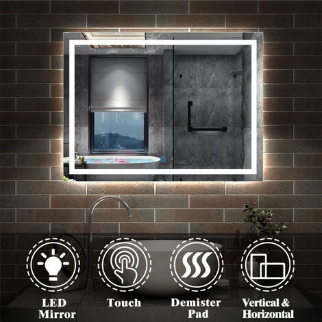 ACEZANBLE 800 x 600 mm Bathroom Mirror with Demister Pad Touch Switch Horizontal/Vertical