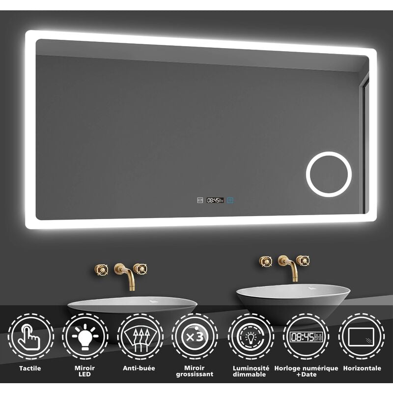 Acezanble - lvs 120x70cm miroir salle de bain avec éclairag + miroir mural cosmétique lumineux + 3couleurs led réglables + anti-buée + Miroir