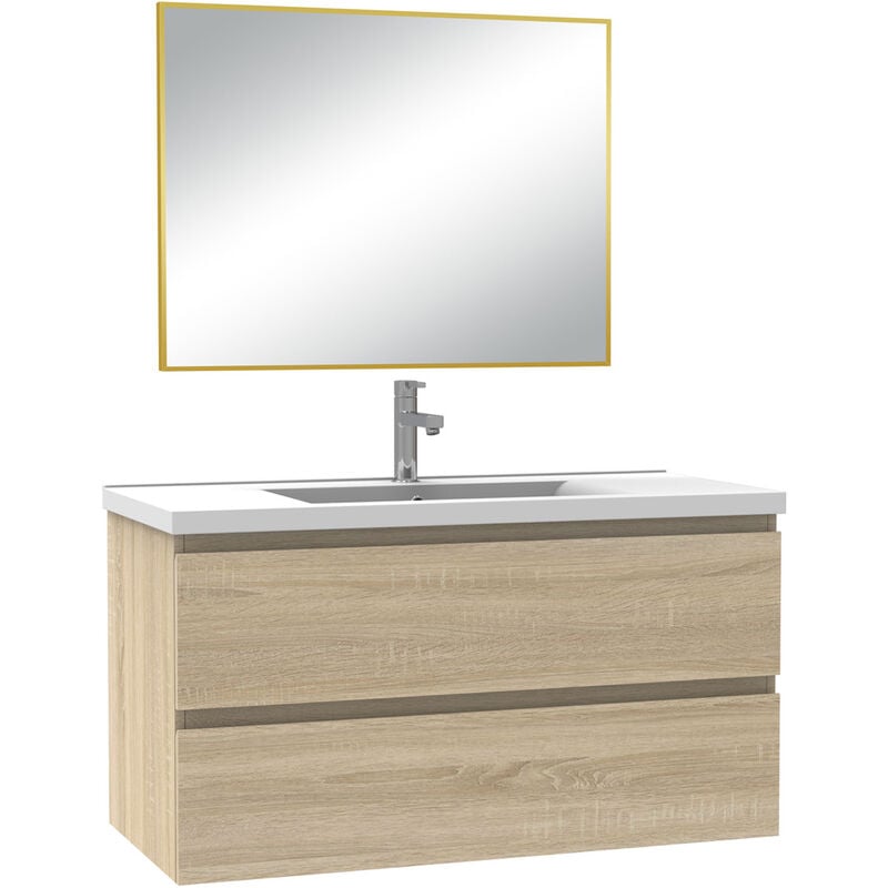 Meuble de Salle de Bain 100cm Chêne Wotan Ensemble de 3 Pièces Meuble avec Lavabo +Miroir - Acezanble