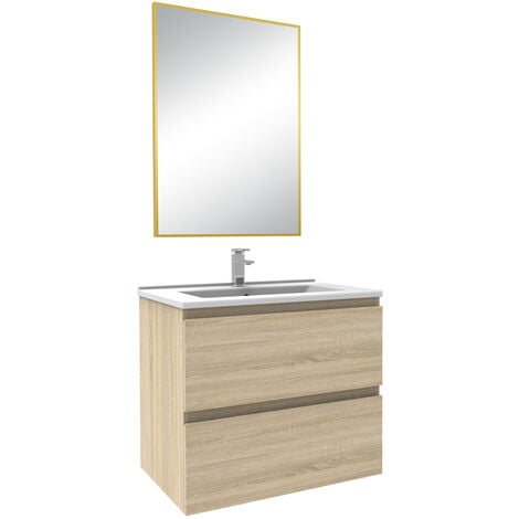 ACEZANBLE Chêne Wotan Ensemble de 3 Pièces Meuble avec Lavabo +Miroir