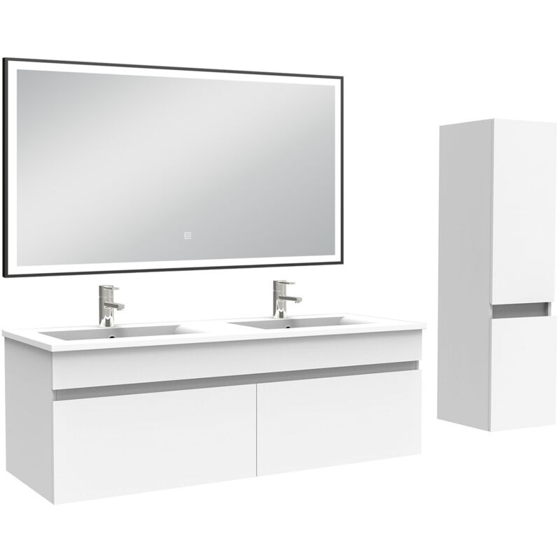 Acezanble - Meuble double vasque 120cm avec colonne et miroir lumineux blanc