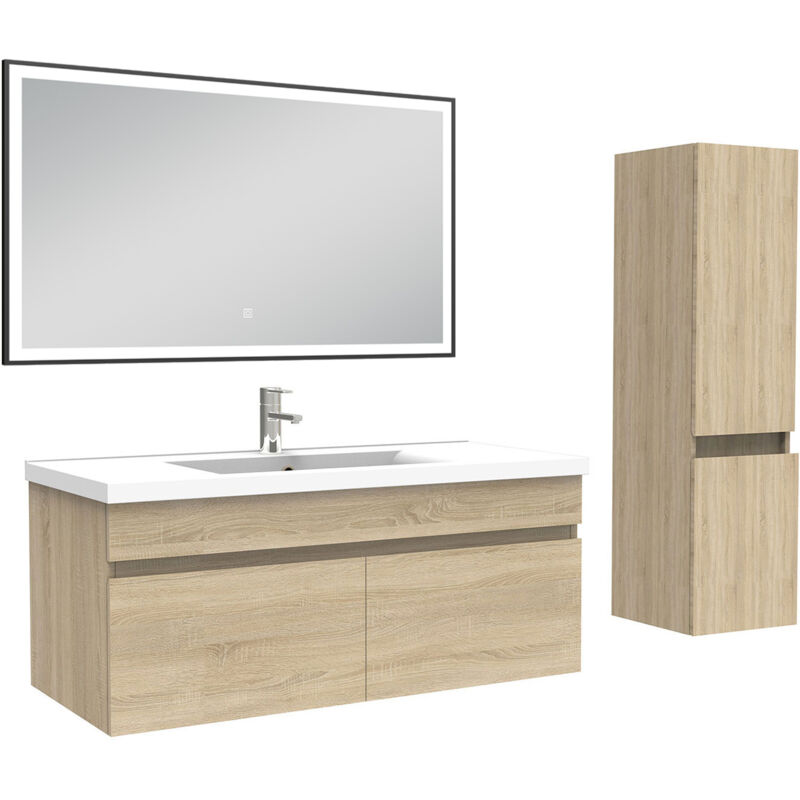 Meuble simple vasque 100cm avec colonne et miroir lumineux chêne wotan - Acezanble
