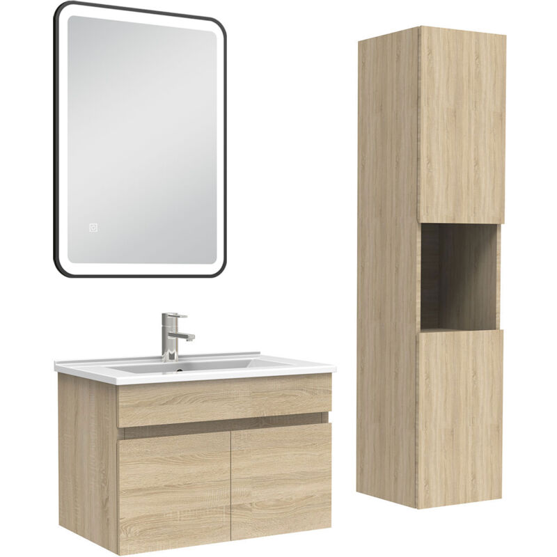 Meuble simple vasque 60cm avec colonne + miroir lumineux 3 couleurs chêne wotan - Acezanble