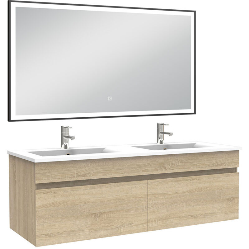 Meuble double vasque 120cm avec miroir 3 couleurs et dimmable chêne wotan - Acezanble