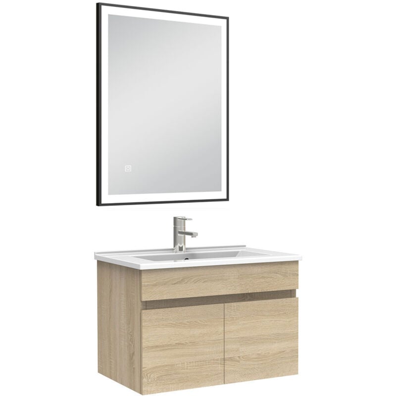 Meuble simple vasque 60cm avec miroir 3 couleurs et dimmable chêne wotan - Acezanble