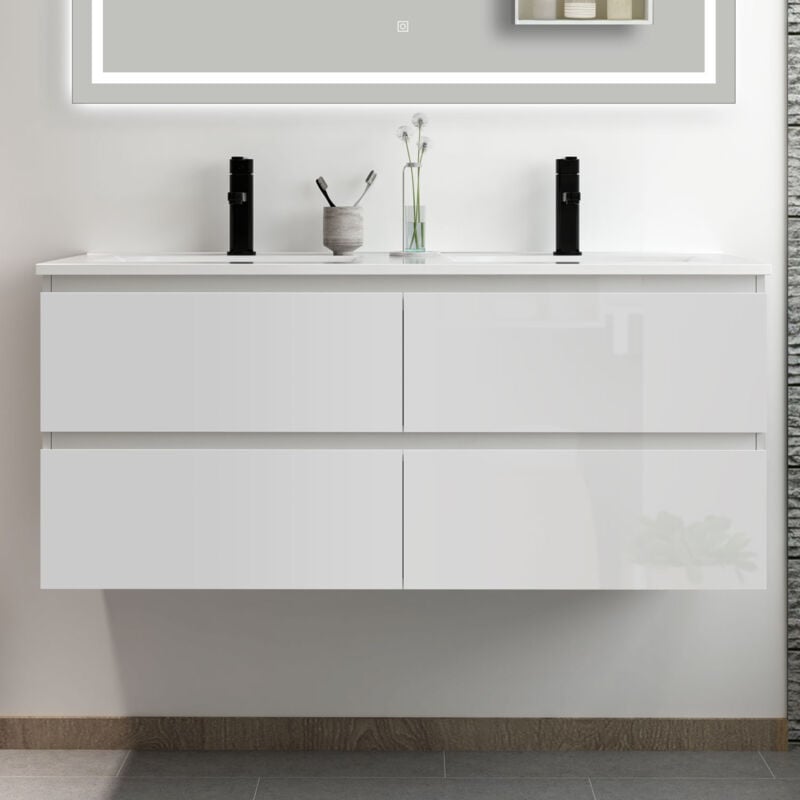 Meuble salle de bain 120cm blanc brillant avec 4 tiroirs à fermeture automatique et double lavabo céramique - Acezanble