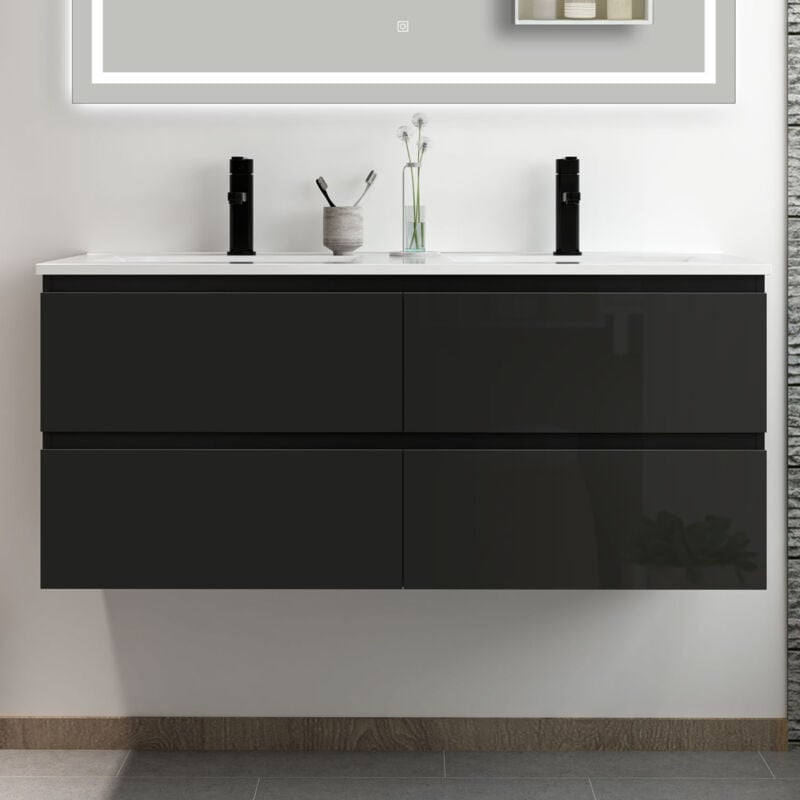 Meuble salle de bain 120cm noir brillant avec 4 tiroirs à fermeture automatique et double lavabo céramique - Acezanble