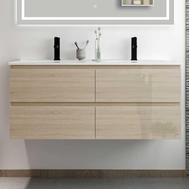 Meuble salle de bain 120cm Chêne Wotan brillant avec 4 tiroirs à fermeture automatique et double lavabo céramique - Acezanble