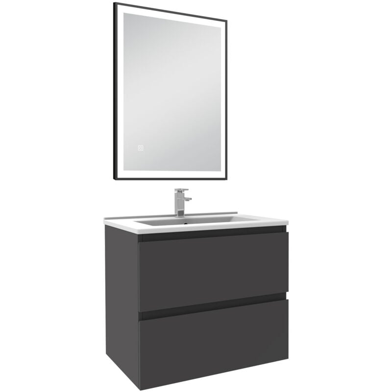 Meuble Salle de Bain 60cm Anthracite simple vasque et miroir lumineux 3 couleurs et dimmable - Acezanble