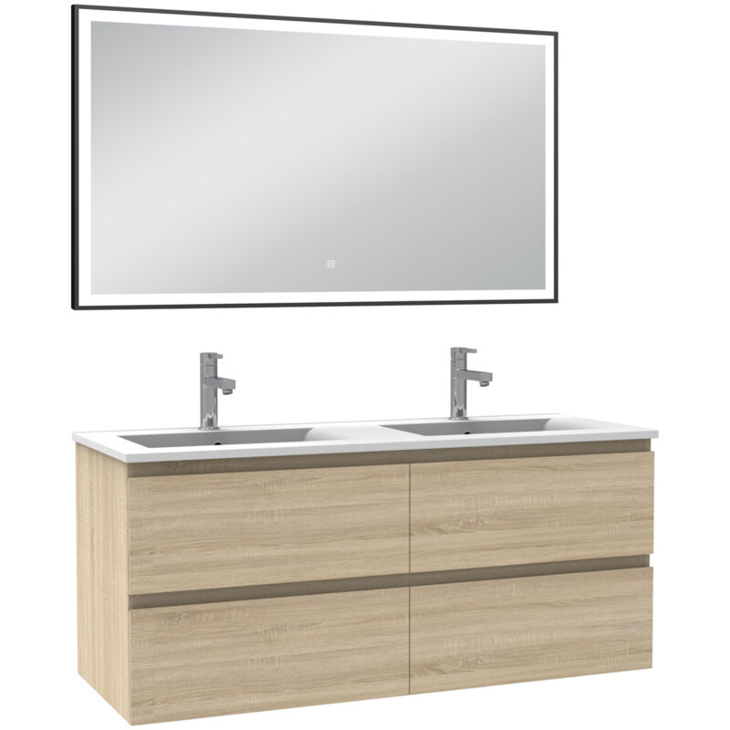 Meuble Salle de Bain 120cm Chêne Wotan double vasque et miroir lumineux 3 couleurs et dimmable - Acezanble