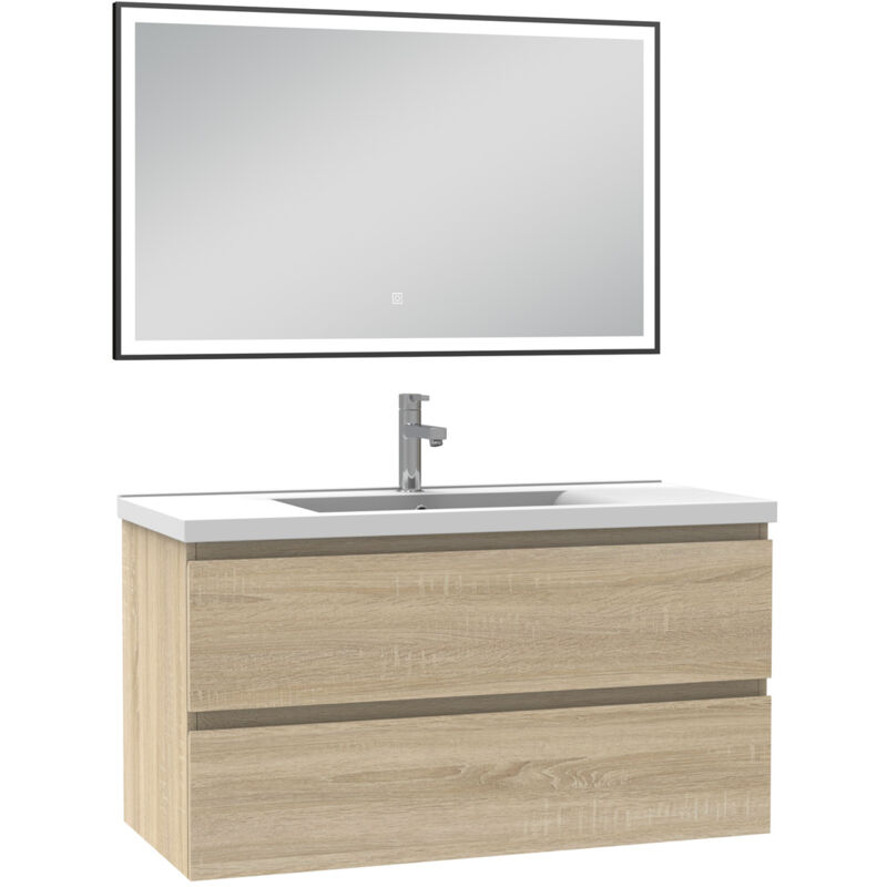 Meuble Salle de Bain 100cm Chêne Wotan simple vasque et miroir lumineux 3 couleurs et dimmable - Acezanble
