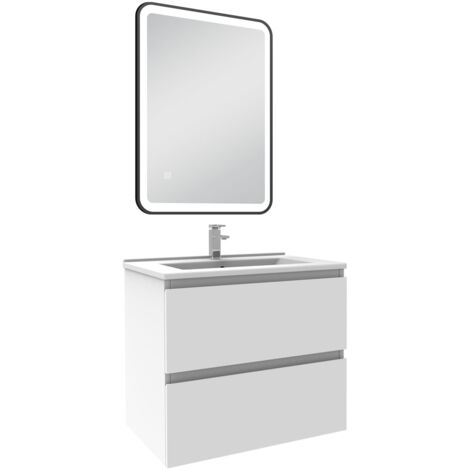 Acezanble Meuble Salle de Bain 60cm Blanc simple vasque + miroir lumineux 3 couleurs + dimmable