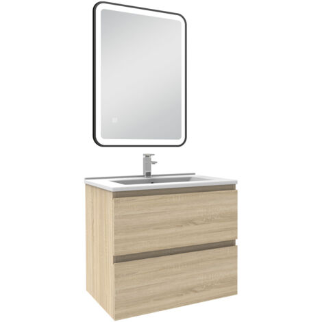Acezanble Meuble Salle de Bain 60cm Chêne Wotan simple vasque + miroir lumineux 3 couleurs + dimmable