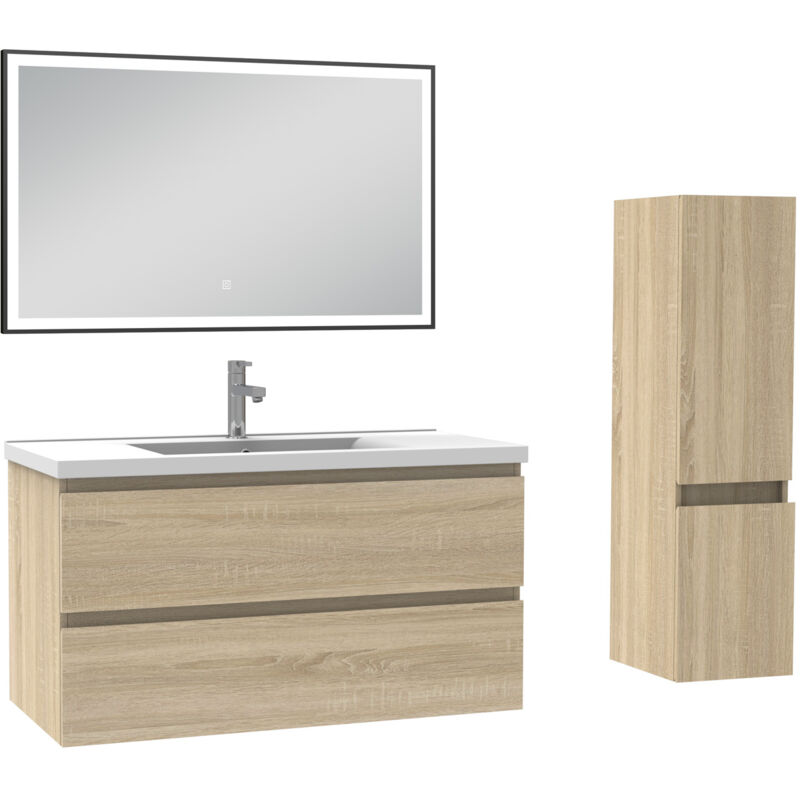 Meuble salle de Bain 100cm simple vasque avec colonne et miroir 3 couleurs Chêne Wotan - Acezanble