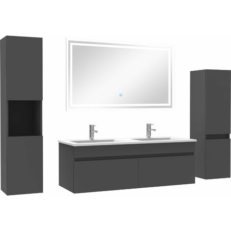 Acezanble meuble Salle de Bain Anthracite 120cm double vasque + colonne + miroir LED