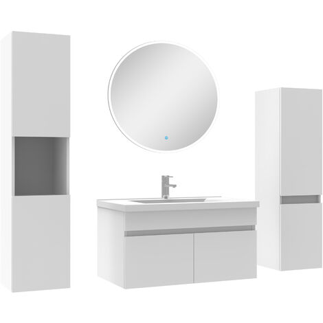 Acezanble meuble Salle de Bain Blanc 80cm simple vasque + colonne + miroir rond LED