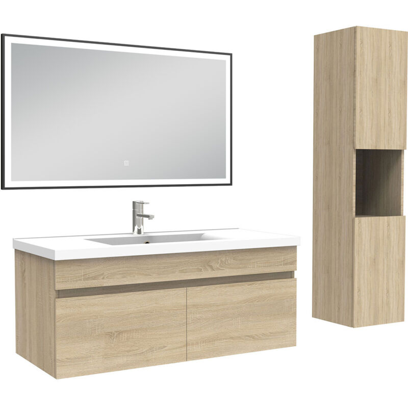 Meuble simple vasque 100cm avec colonne et miroir lumineux 3 couleurs chêne wotan - Acezanble