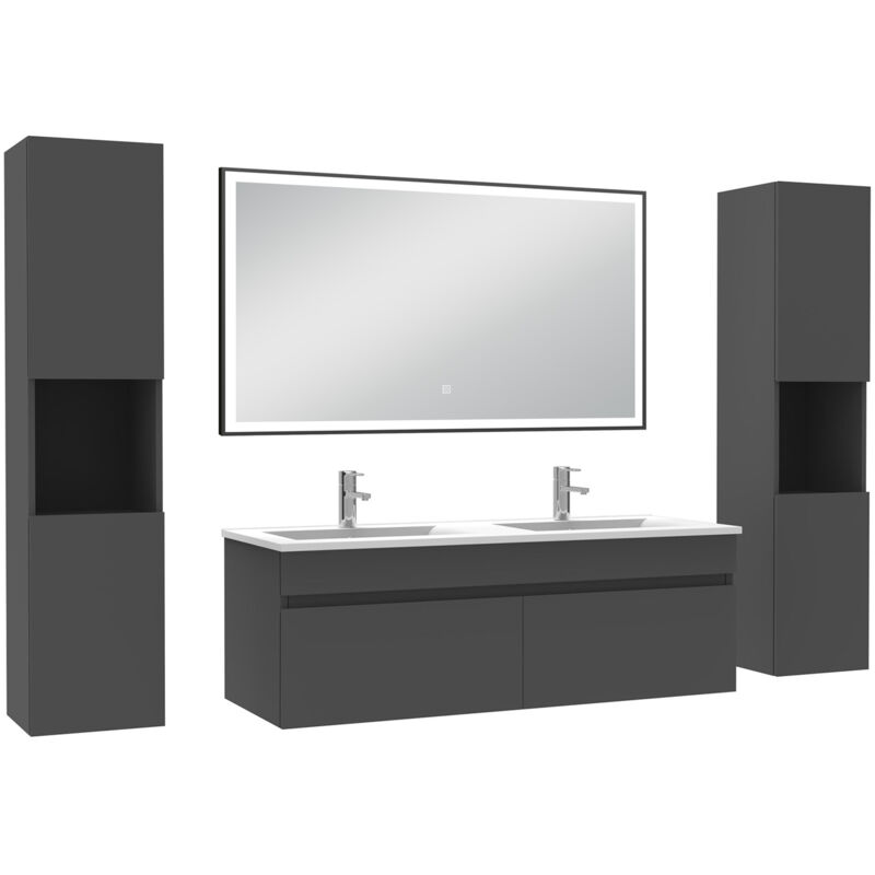 Meuble double vasque 120cm avec colonne et miroir 3 couleurs et dimmable anthracite - Acezanble