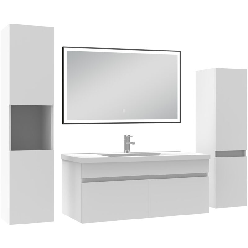 Meuble simple vasque blanc 100cm avec colonne et miroir lumineux 3 couleurs et dimmable - Acezanble
