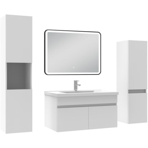 Acezanble Meuble simple vasque blanc 80cm avec colonne + miroir lumineux 3 couleurs + dimmable