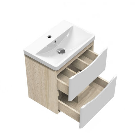 Acezanble – Meuble sous vasque 50cm – MDF blanc et chêne – Dimensions 495x345x500mm – Vasque prédécoupée pour tuyauterie