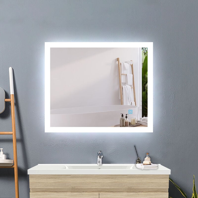 Acezanble - miroir 90 x 70 cm miroir de salle de bain anti-buée, miroir mural cosmétique lumineux avec interrupteur tactile, miroir led avec éclairage