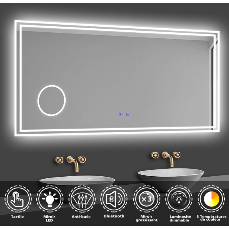Acezanble - Miroir de Salle de Bain led avec Bluetooth 140 x 80cm, Miroir Lumineux avec 3 Couleurs et Anti-buée, Mural Miroir éclairé avec