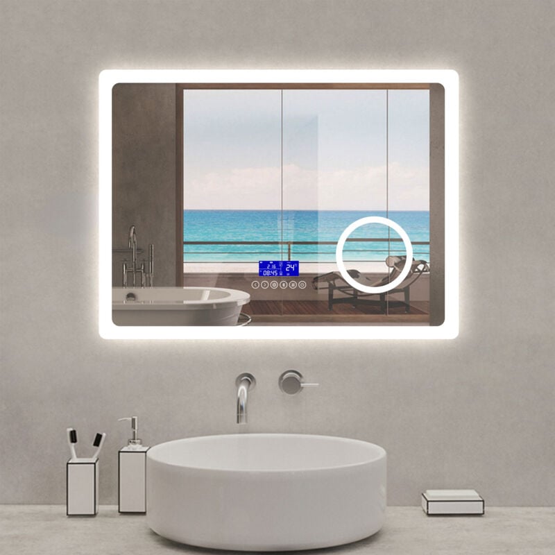 Acezanble - Miroir lumineux 100 x 60cm, bluetooth + 3 couleurs + dimmable + grossissant + horloge + anti-buée + mémoire, miroir salle de bain