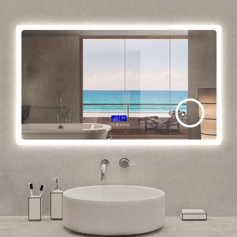 Miroir lumineux 140 x 80cm, bluetooth + 3 couleurs + dimmable + grossissant + horloge + anti-buée + mémoire, miroir salle de bain - Acezanble