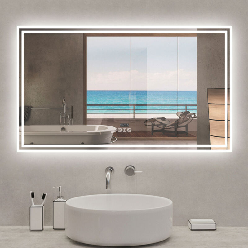 Acezanble - Miroir lumineux 120 x 70cm, bluetooth + 3 couleurs + dimmable + horloge + anti-buée + mémoire, miroir salle de bain mural