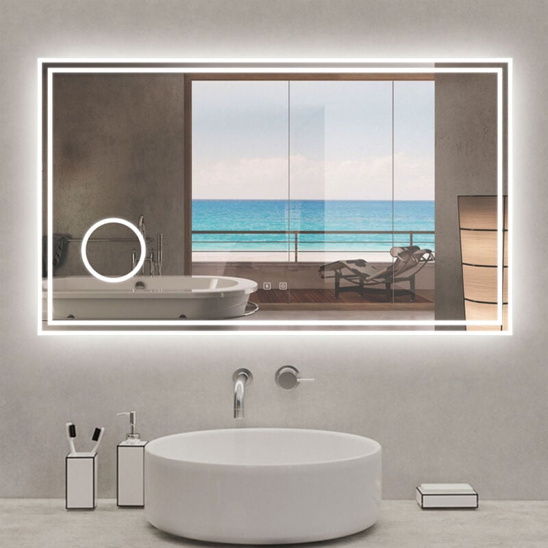 Miroir lumineux 140 x 80cm, bluetooth + 3 couleurs + dimmable + grossissant + anti-buée + mémoire, miroir salle de bain mural - Acezanble