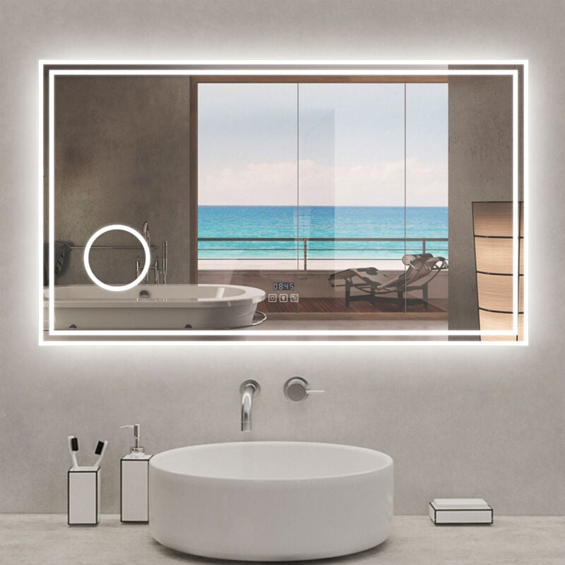 Acezanble - Miroir lumineux 120 x 70cm, bluetooth + 3 couleurs + dimmable + grossissant + horloge + anti-buée + mémoire, miroir salle de bain mural