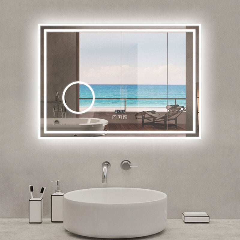 Acezanble - Miroir lumineux 80 x 60cm, bluetooth + 3 couleurs + dimmable + grossissant + horloge + anti-buée + mémoire, miroir salle de bain mural