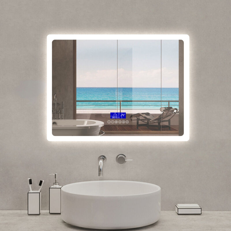 Acezanble - Miroir lumineux 50 x 70cm, bluetooth + 3 couleurs + dimmable + horloge + anti-buée + mémoire, miroir salle de bain