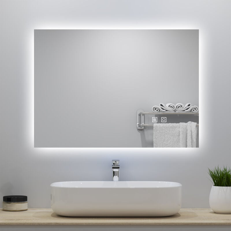Miroir lumineux 70x50cm avec Anti-buée + 3 Couleurs + Dimmable, Mural Miroir salle de bain - Acezanble