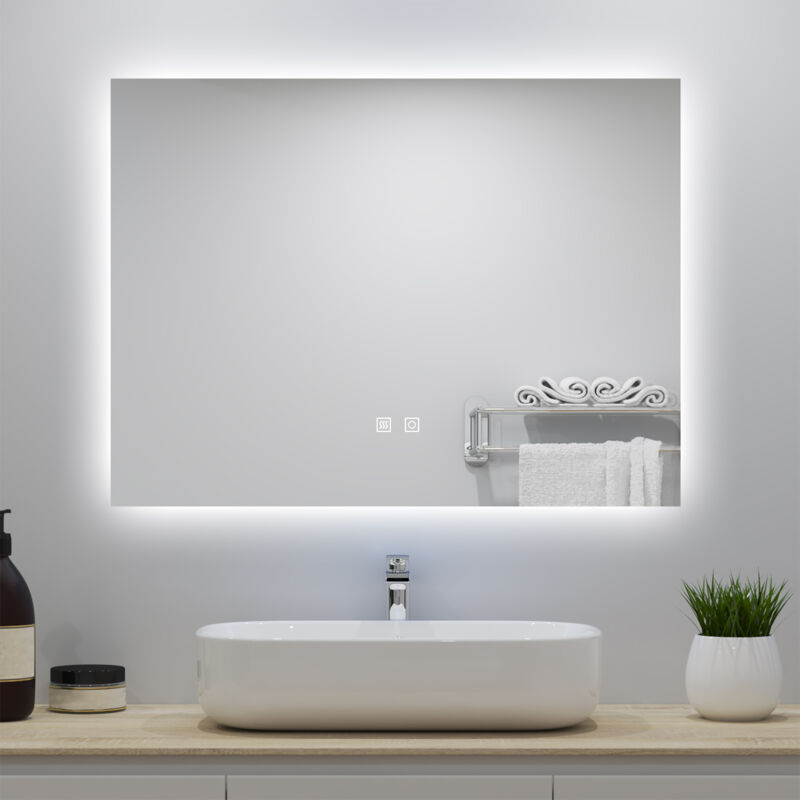 Miroir lumineux 80x60cm avec Anti-buée + 3 Couleurs + Dimmable, Mural Miroir salle de bain - Acezanble