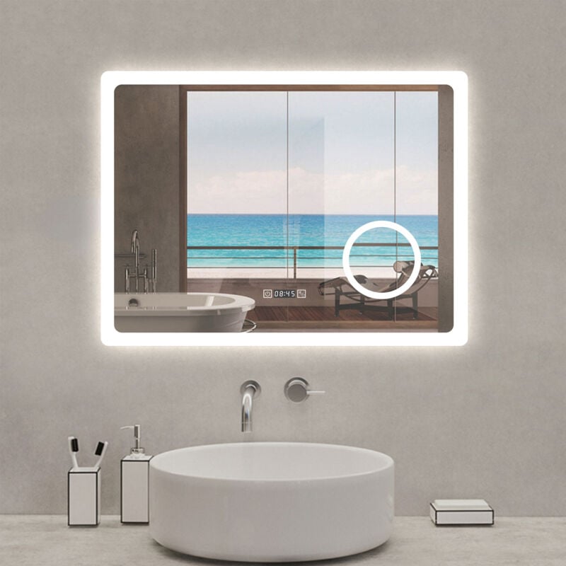Acezanble - Miroir lumineux 100 x 60cm, 3 couleurs + dimmable + grossissant + horloge + anti-buée + mémoire, miroir salle de bain