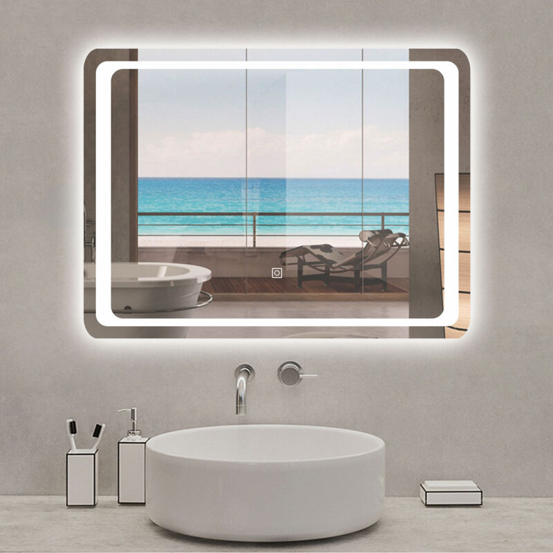 Miroir lumineux 80 x 60cm anti-buée +dimmable + mémoire, miroir de salle de bain - Acezanble